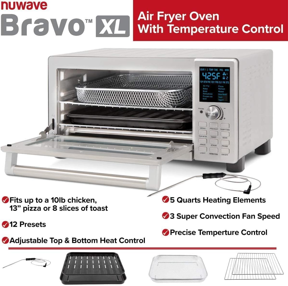 Nuwave Bravo Air Fryer Toaster Smart Oven, 12-in-1 Countertop Convection, 30-QT XL Capacity, 50°-500°F Temperature Controls, Top and Bottom Heater Adjustments 0%-100%, Brushed Stainless Steel Look Nuwave
