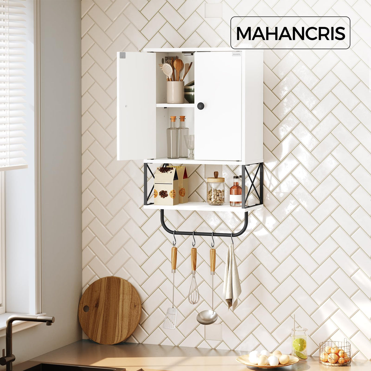 MAHANCRIS Bathroom Wall Cabinet with 2 Door and Adjustable Shelves, Farmhouse Medicine Cabinet with Towel Rack, 3-Tier Wall Mounted Storage Cabinet Over The Toilet for Bathroom Laundry Room, White MAHANCRIS