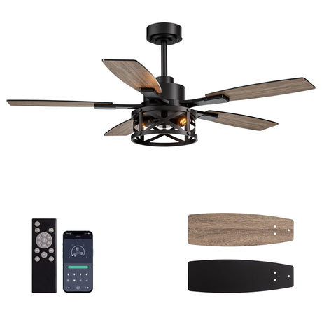 52 Inch Ceiling Fans with Lights and Remote & APP Control, Farmhouse Ceiling Fan with LED Lighting for Bedroom Living Room and Patio, Black Caged Ceiling Fan for Indoor and Outdoor(NO BULB） YouthDream