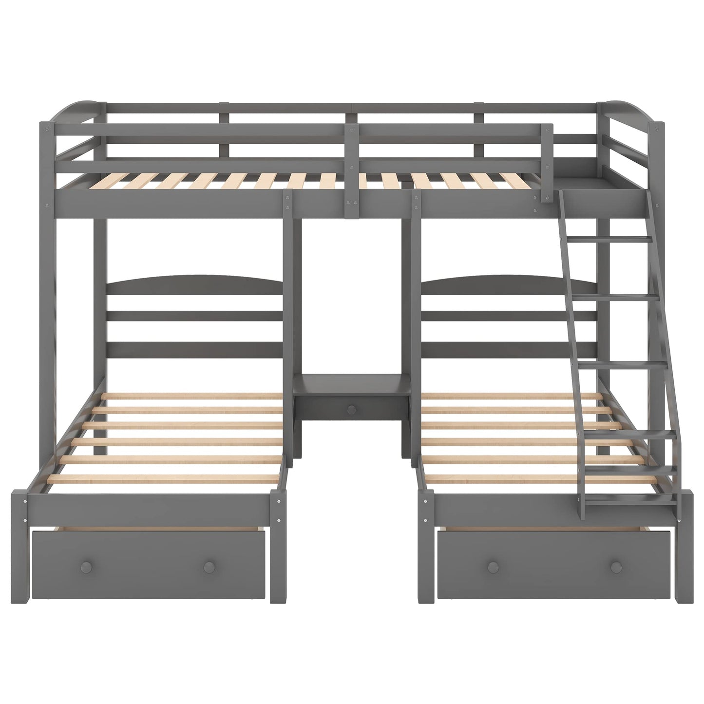 Wood Triple Bunk Beds with Storage Drawers, Full Over Twin & Twin Bunk Bed for 3, Multifunctional Bunk Bed Frame for Kids Teens Adults No Box Spring Needed (Gray)