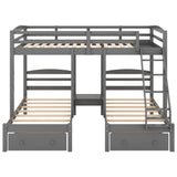 Wood Triple Bunk Beds with Storage Drawers, Full Over Twin & Twin Bunk Bed for 3, Multifunctional Bunk Bed Frame for Kids Teens Adults No Box Spring Needed (Gray) Bellemave