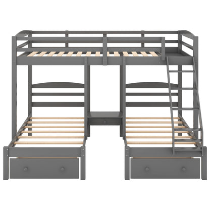 Wood Triple Bunk Beds with Storage Drawers, Full Over Twin & Twin Bunk Bed for 3, Multifunctional Bunk Bed Frame for Kids Teens Adults No Box Spring Needed (Gray)