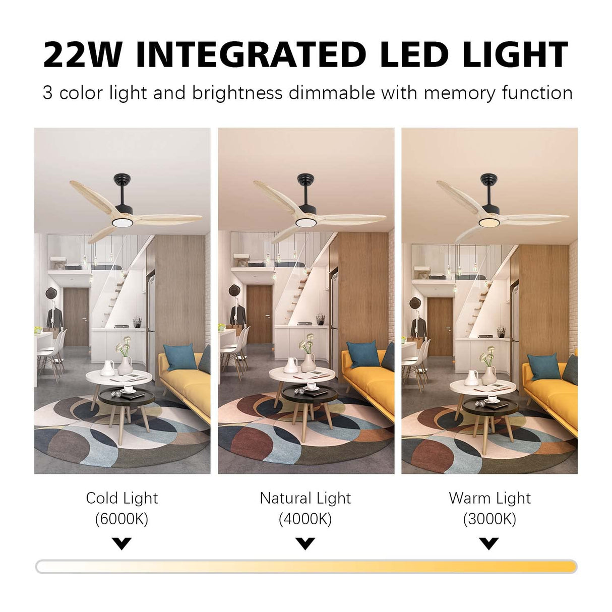 OUATER Ceiling Fans with Lights and Remote, 52 inch Wood Ceiling Fan with Light,3 Color Light,DC Motor,for Bedroom/Outdoor/Patios,Natural Wood OUATER