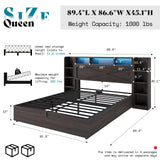 AMERLIFE Queen Size Lift Up Storage Bed Frame, 45.1" LED Bed Frame with 2 Side Shelves & Bookcase Headboard, Farmhouse Wood Platform Bed with Charging Station, No Box Spring Needed, Black AMERLIFE