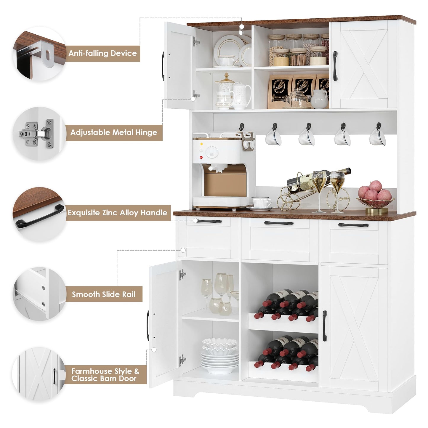 HIFIT 72" Tall Farmhouse Kitchen Pantry Storage Cabinet with Doors & Shelves & Drawer, Freestanding Hutch Cabinet with Microwave Stand/Wine