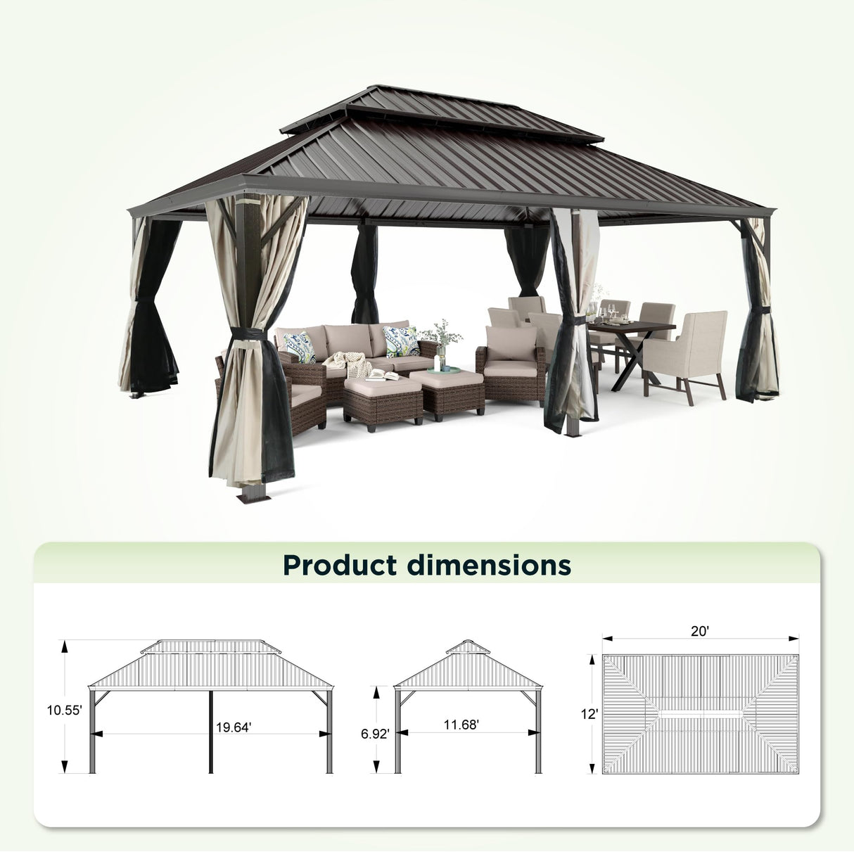 GREEN PARTY 14 X 20ft Hardtop Gazebo with Nettings and Curtains, Heavy Duty Double Roof Galvanized Steel, Outdoor Aluminum Gazebos Pergolas for Patios, Backyard, Deck, Garden, Lawns GREEN PARTY