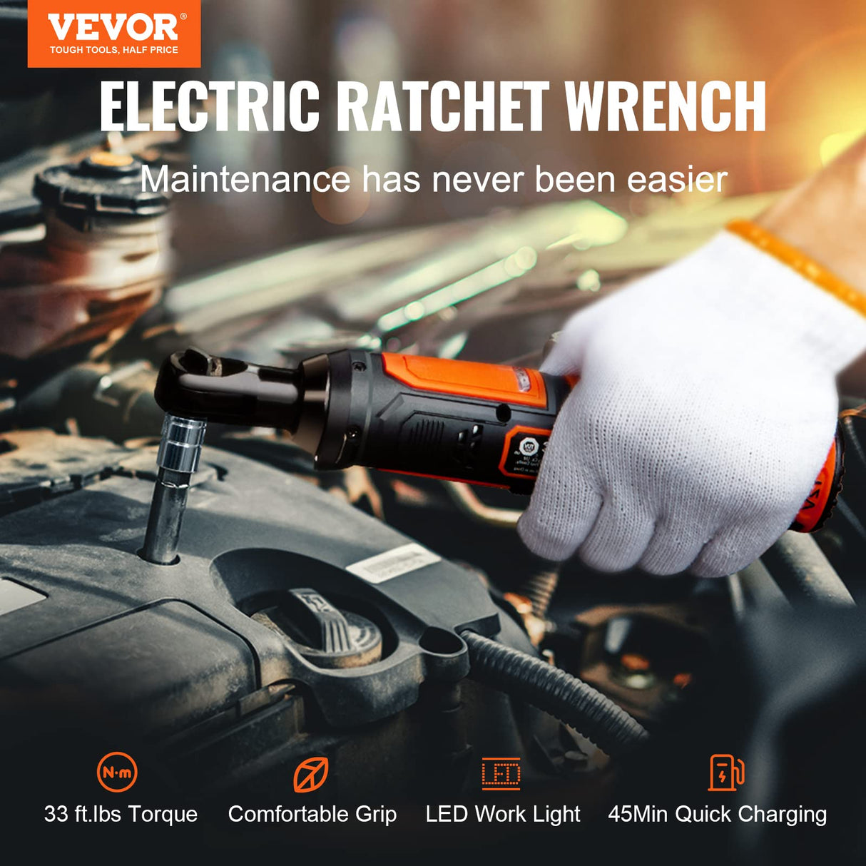 VEVOR 3/8" Cordless Electric Ratchet Wrench Set, 33 Ft-lbs 12V Power Ratchet Tool Kit with 45-Min Fast Charge, 2-Pack 2.0Ah Battery, Built-in LED Light, Variable Speed Trigger, 10 Sockets VEVOR