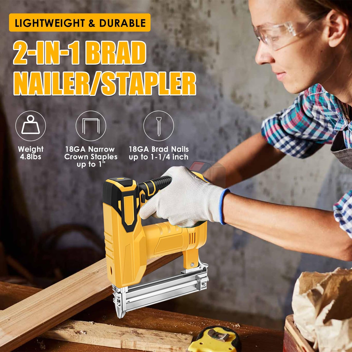 Cordless 18 Gauge Brad Nailer for Dewalt 20V Max Battery, 2 in 1 Electric Stapler Nailer with 500 Nails and 500 Staples, Dual Protection Design, for Home Improvement, Woodworking (No Battery) - WoodArtSupply