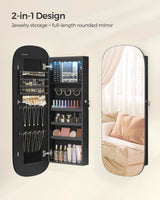 SONGMICS Jewelry Organizer, LED Jewelry Cabinet Wall or Door Mounted, Lockable Rounded Wide Mirror with Storage, Interior Mirror, 3.9 x 16.5 x 42.5 Inches, Black Surface with Black Lining SONGMICS