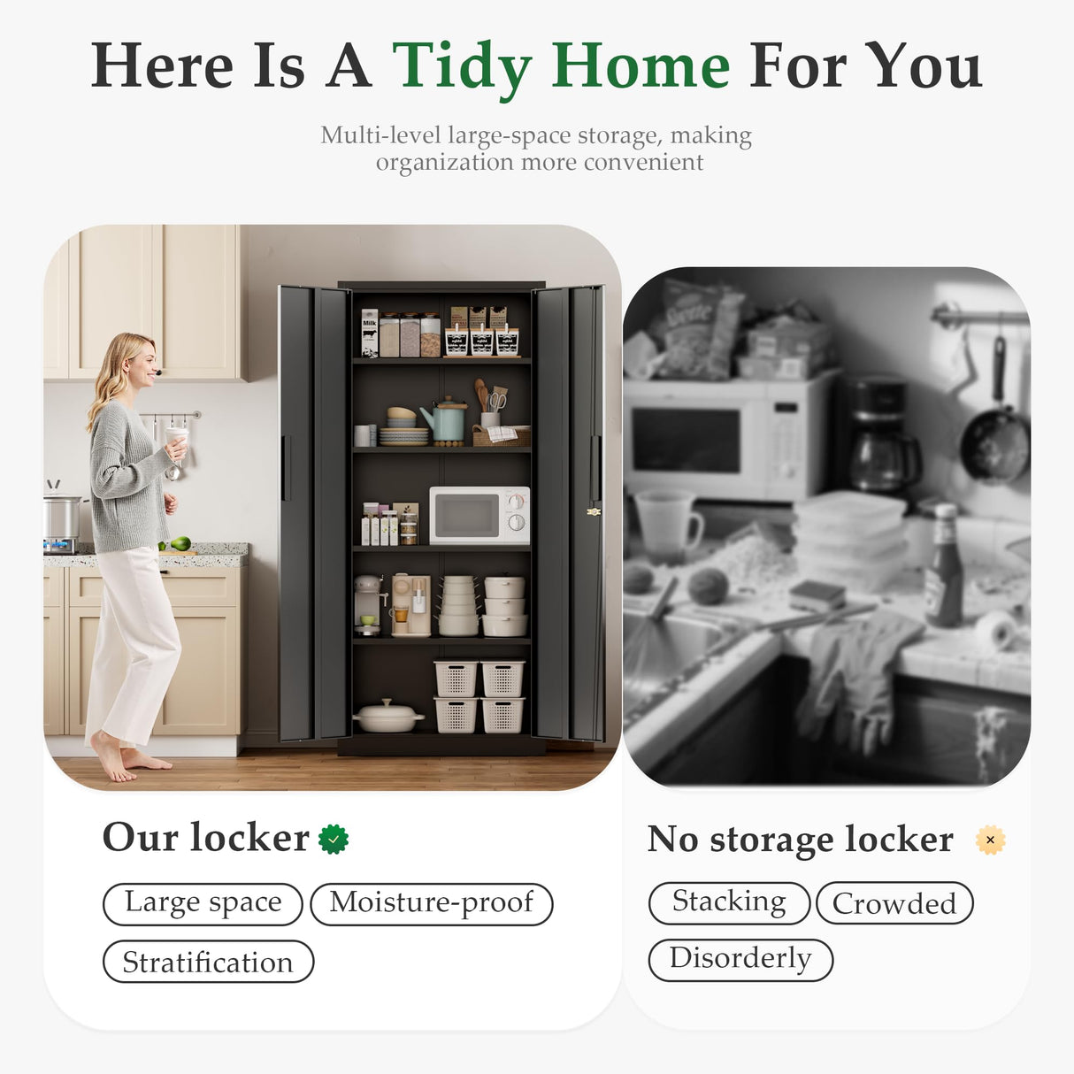 Crownland 63" Metal Storage Cabinet, Lockable Garage Storage Cabinets, High Office Cabinet with Adjustable Shelves for Garage, Home Office, Pantry, File(Black) Crownland