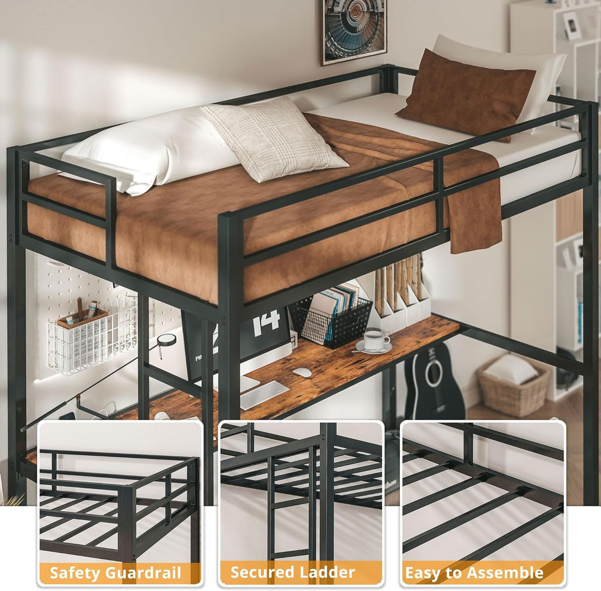 Anwick Full Size Metal Loft Bed with Desk, LED Lights, Charging Station, Safety Guard, and Ladder, Space-Saving and Noise-Free Design, No Box Spring Needed Anwick