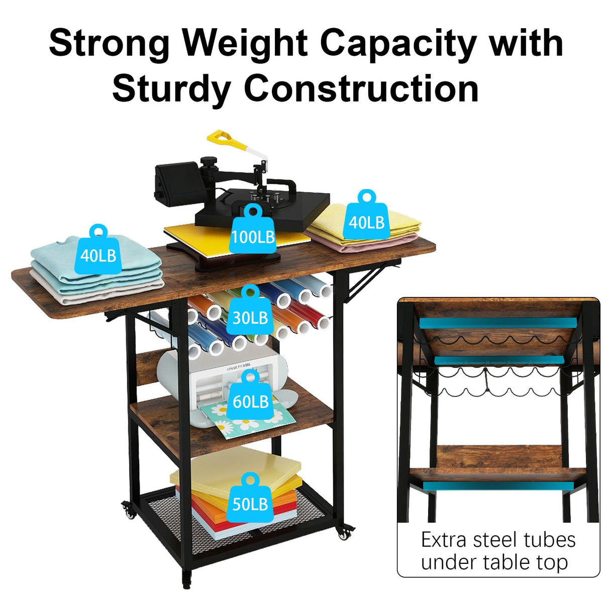 PUNCIA 3 Tier Movable Heat Press Table with Vinyl Roll Holder, Heat Transfer Stand with Folding Shelf,Heavy Duty Rolling Workbench for DIY Sublimation Transfer Machine,Heat Press Cart,Craft Table PUNCIA