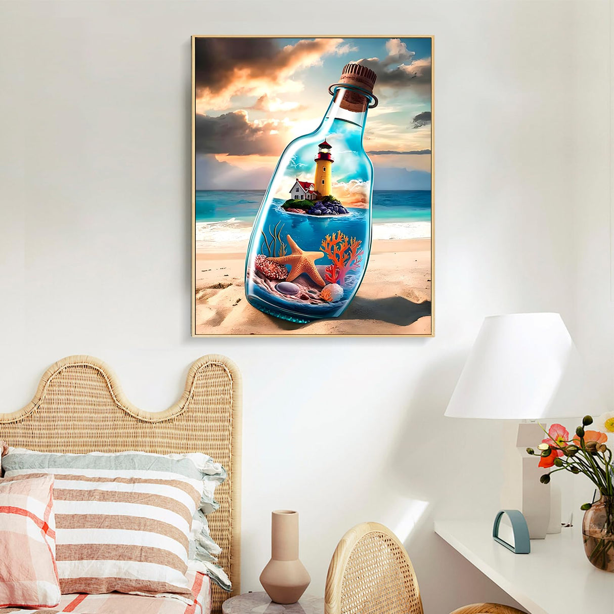 Paint by Numbers Kit for Adults - Beach Bottle Acrylic Adult Paint by Number Kits on Canvas for Beginner, Seaside Lighthouse DIY Oil Painting by Numbers for Adults, Perfect for Home Decor Gift 16"x20" Offito