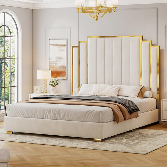 YUMPIE Queen Size Platform Bed Frame with 61" Extra Tall Headboard, Velvet Upholstered Bed with Golden Plating Trim, Wooden Slats/No Box Spring Needed/Noisy Free/Cream