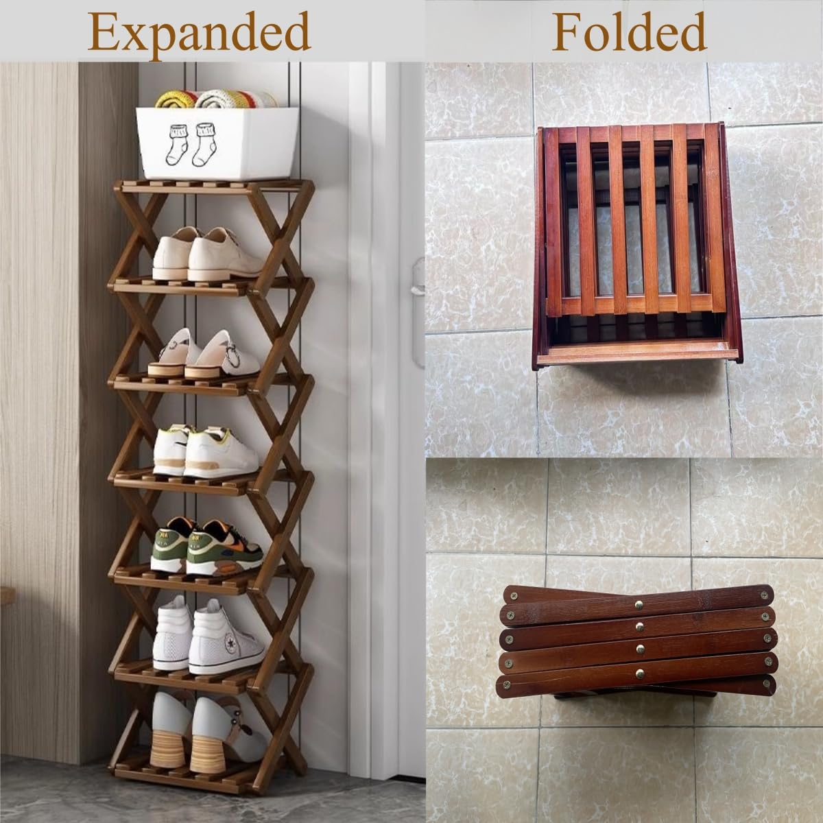 XZXWZX Shoe Rack, Bamboo Foldable Shoes Organizer Free Standing Shelf for Entryway, Closet, Bedroom, Hallway, | Natural | Functional | Multifunctional Shoe Rack (Wood Color) 5 Layers XZXWZX