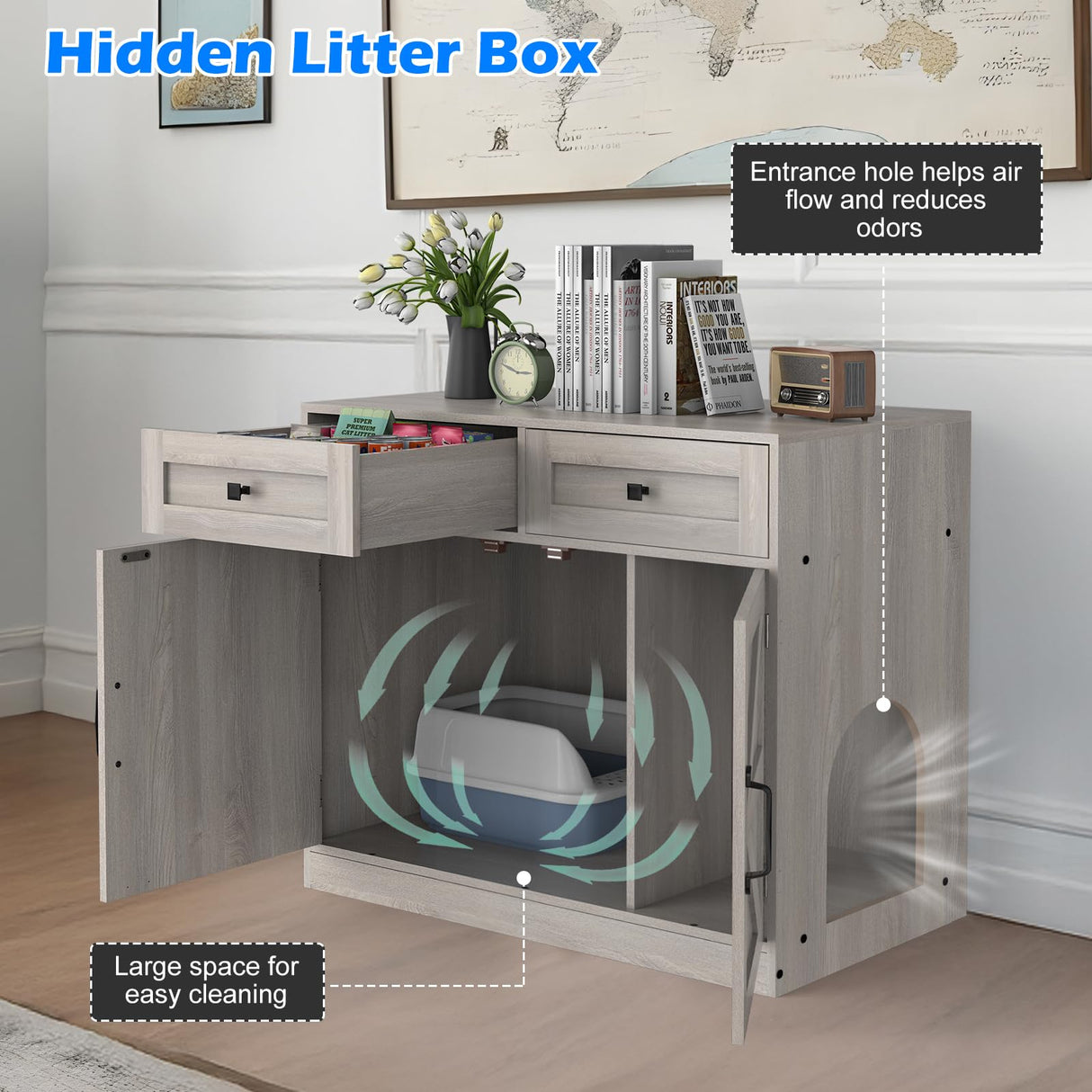 Cat Litter Box Enclosure Furniture Ultra-Large Wooden Hidden Litter Box,2-Door Storage Cabinet, 2 Drawers, 1 Air Vents,Litter Box Furniture Fit Most of Litter Box. SANXUO