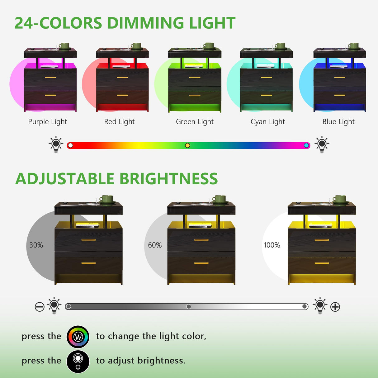 HNEBC LED Nightstand, RGB Black Night Stand with USB/Wireless Charging Station, Modern Bedside Table has Auto Sensor RGB Lights, End Side Table with 2 Drawer for Bedroom Furniture, Black HNEBC