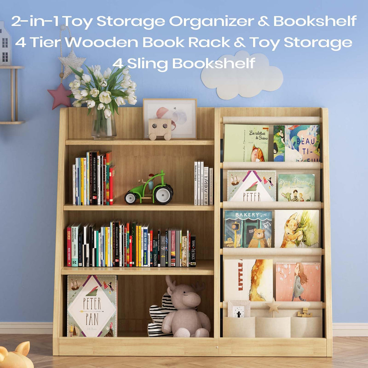 EXPERLAM Kids Bookshelf and Toy Storage Organizer, 4 Tier Wooden Kids Book Shelf with Sling Book Rack in Kids Room Playroom Nursery for Kids, Children, Toddlers EXPERLAM