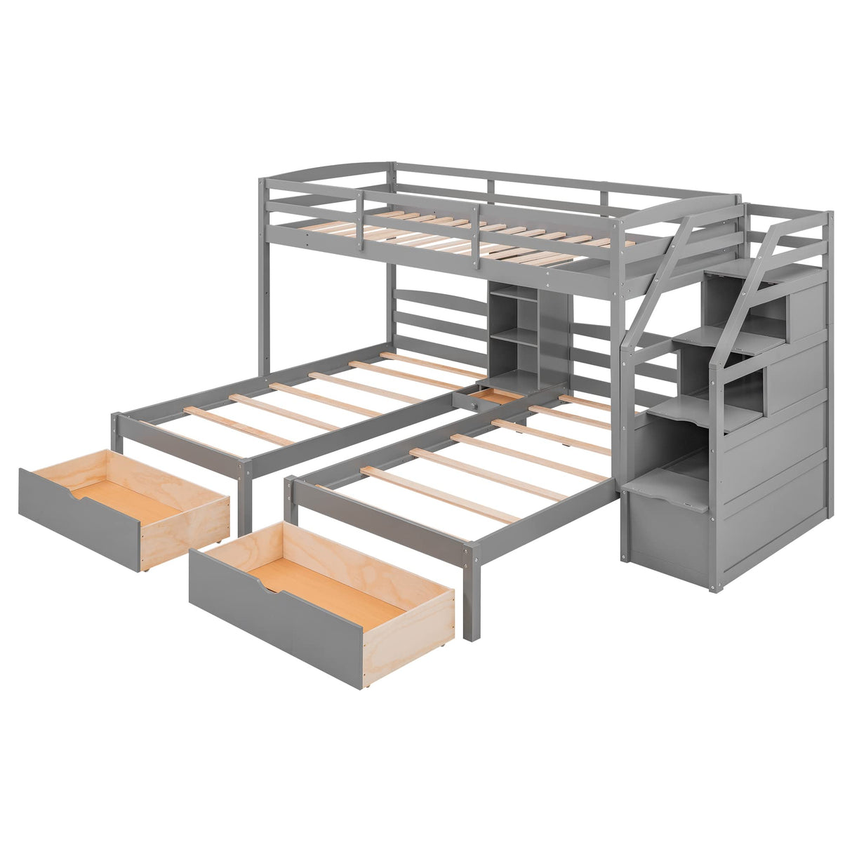 Triple Bunk Beds with Stairs and Storage Drawers, Twin Over Twin&Twin Bunk Bed for 3 Kids, Wooden 3 Bunk Beds Frame with Built-in Shelves for Kids,Teens, Adults, No Box Spring Needed (Gray) Harper & Bright Designs