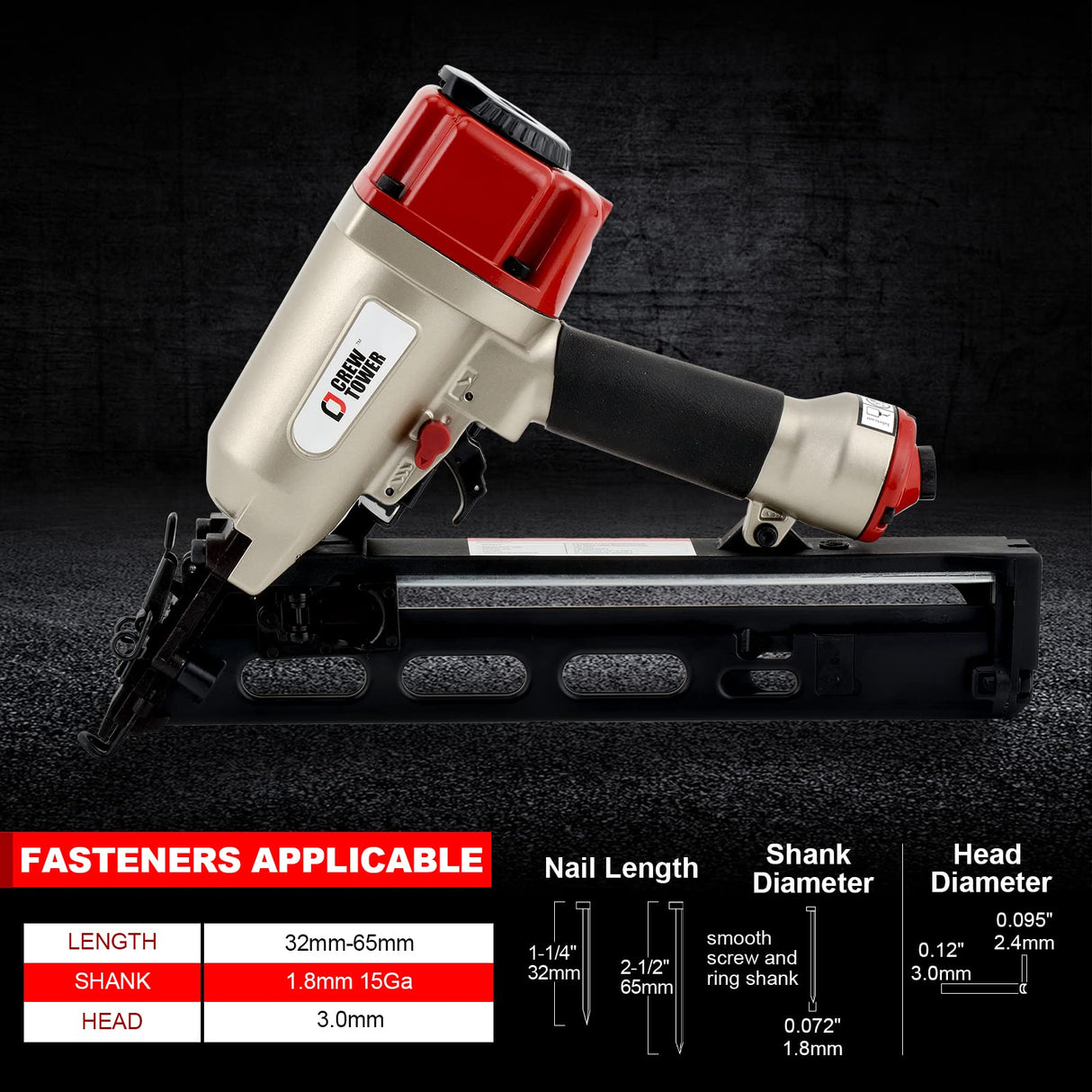 CREWTOWER NT65 15 Gauge, 1-1/4" to 2-1/2" Angle Finish Nailer Pneumatic Finishing Nail Gun for Molding, Baseboard, Trim and Finishing, Air-powered CREWTOWER