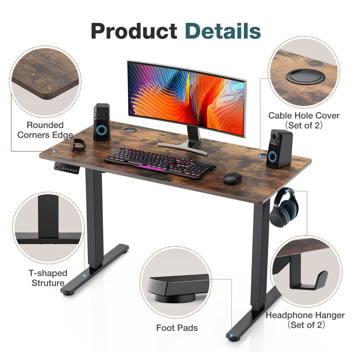 Sweetcrispy 55 x 24in Adjustable Height Electric Standing Computer Home Office Desk Ergonomic Workstation with 3 Memory Controller, 55"x24", Rustic Brown+Black Sweetcrispy
