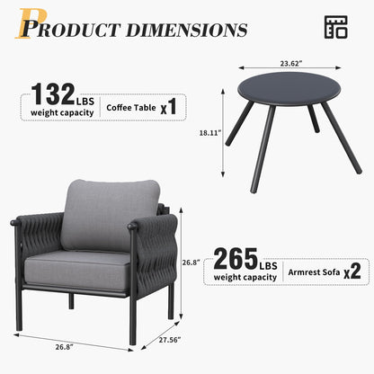 Amopatio Patio Furniture Set 3 Pieces, Modern Outdoor Furniture Sofa Bistro Sets with 6" Thickened Cushion, Metal Outdoor Couch Porch Pool Furniture(Grey) - WoodArtSupply