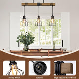3-Light Kitchen Island Lighting, 63" Adjustable Height Pendant Light Fixtures Black Metal & Rustic Wood Modern Dining Room Linear Chandelier Over Table with E26 Base for Farmhouse Bar LuxiGlowra