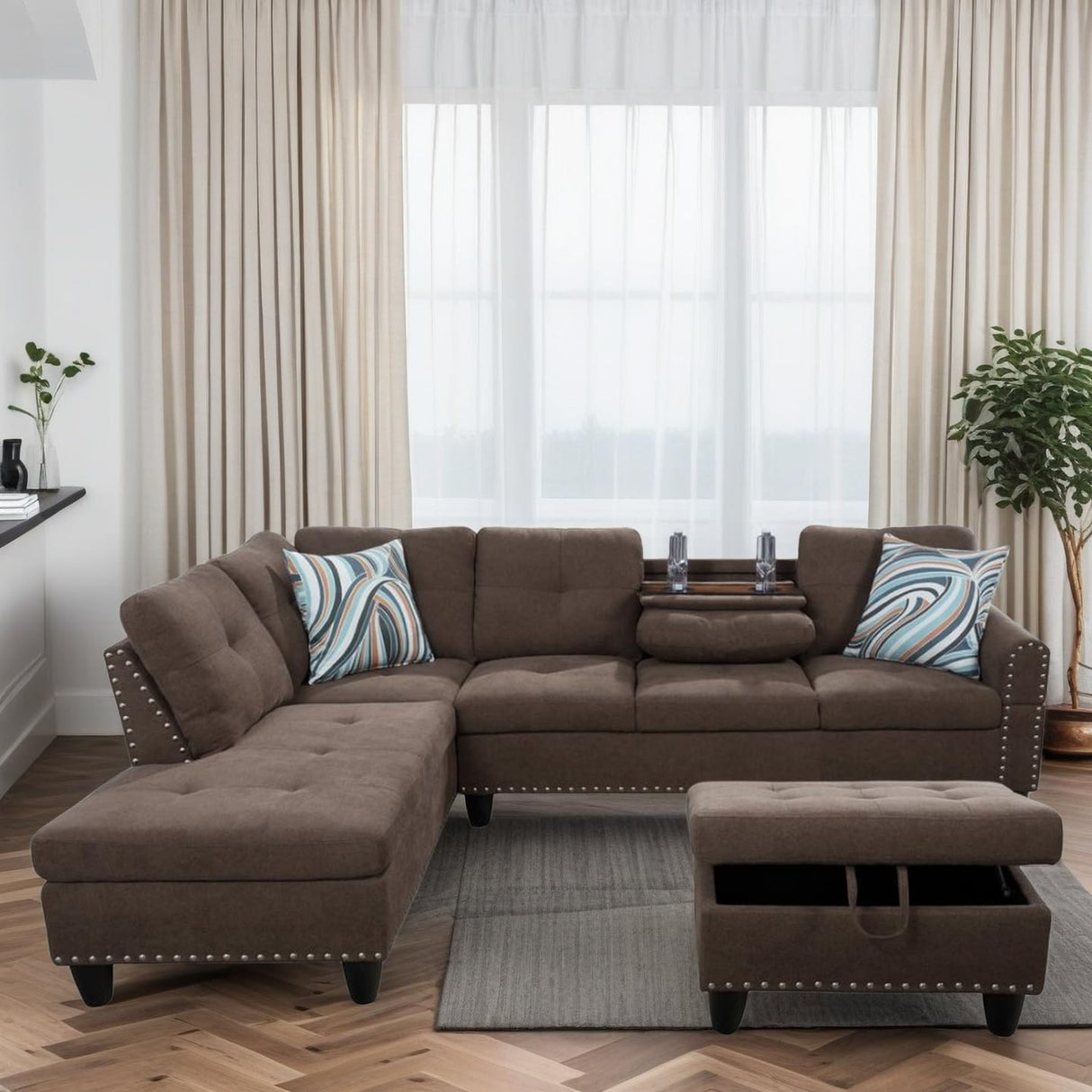 Trygoal L Shaped Couches for Living Room, Sectional Couch Living Room Furniture with Storage Ottoman, Modular Sectional Sofa with Movable Chaise for Apartment Office, Brown Trygoal