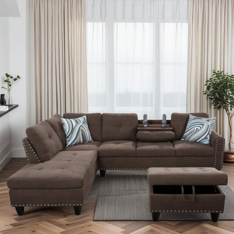 Trygoal L Shaped Couches for Living Room, Sectional Couch Living Room Furniture with Storage Ottoman, Modular Sectional Sofa with Movable Chaise for Apartment Office, Brown Trygoal