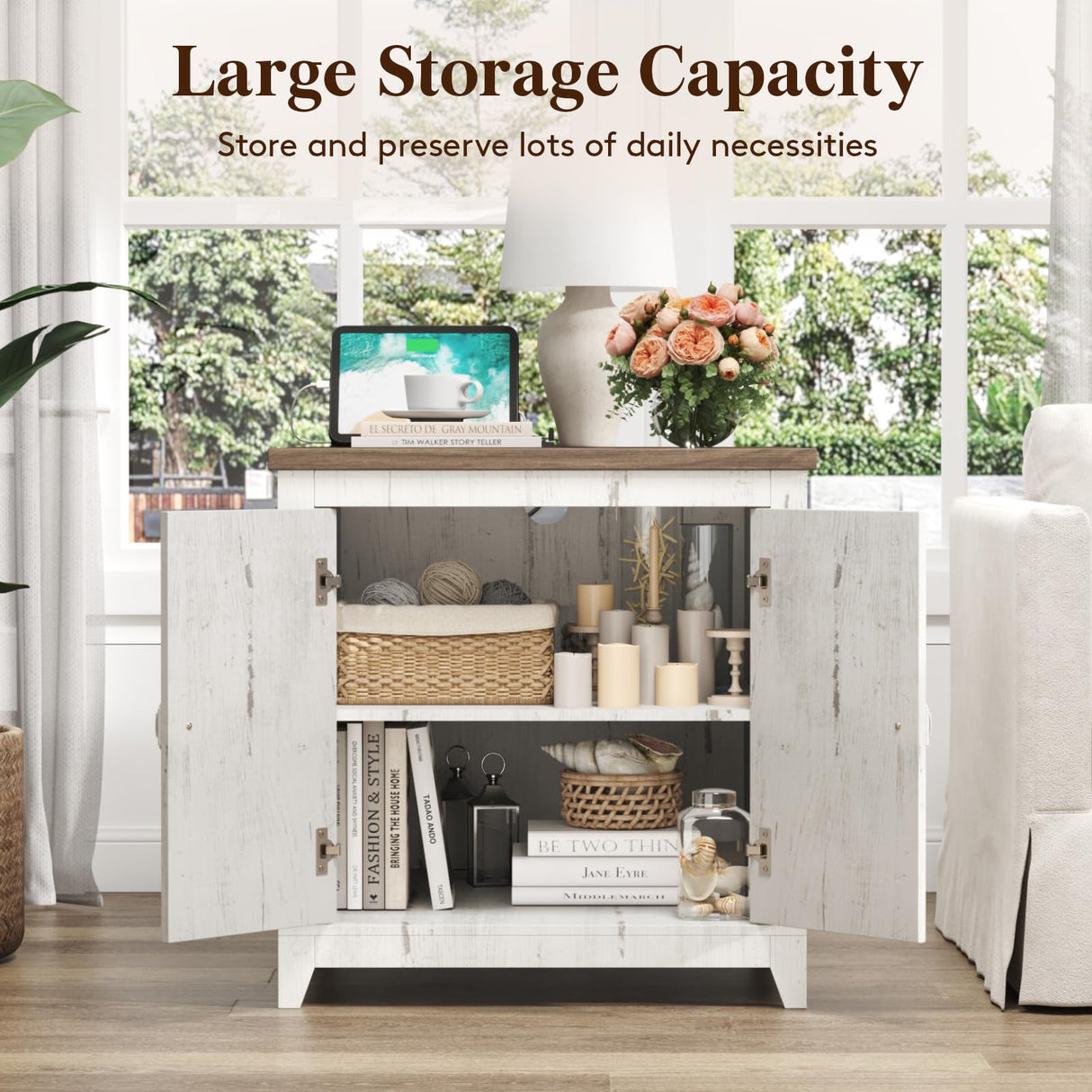 Lifewit Farmhouse End Table with Charging Station and USB Ports, 24" Large Tabletop Side Table with Double Barn Doors, Wood Square Nightstand for Living Room, Office, Bedroom, Rustic White Lifewit