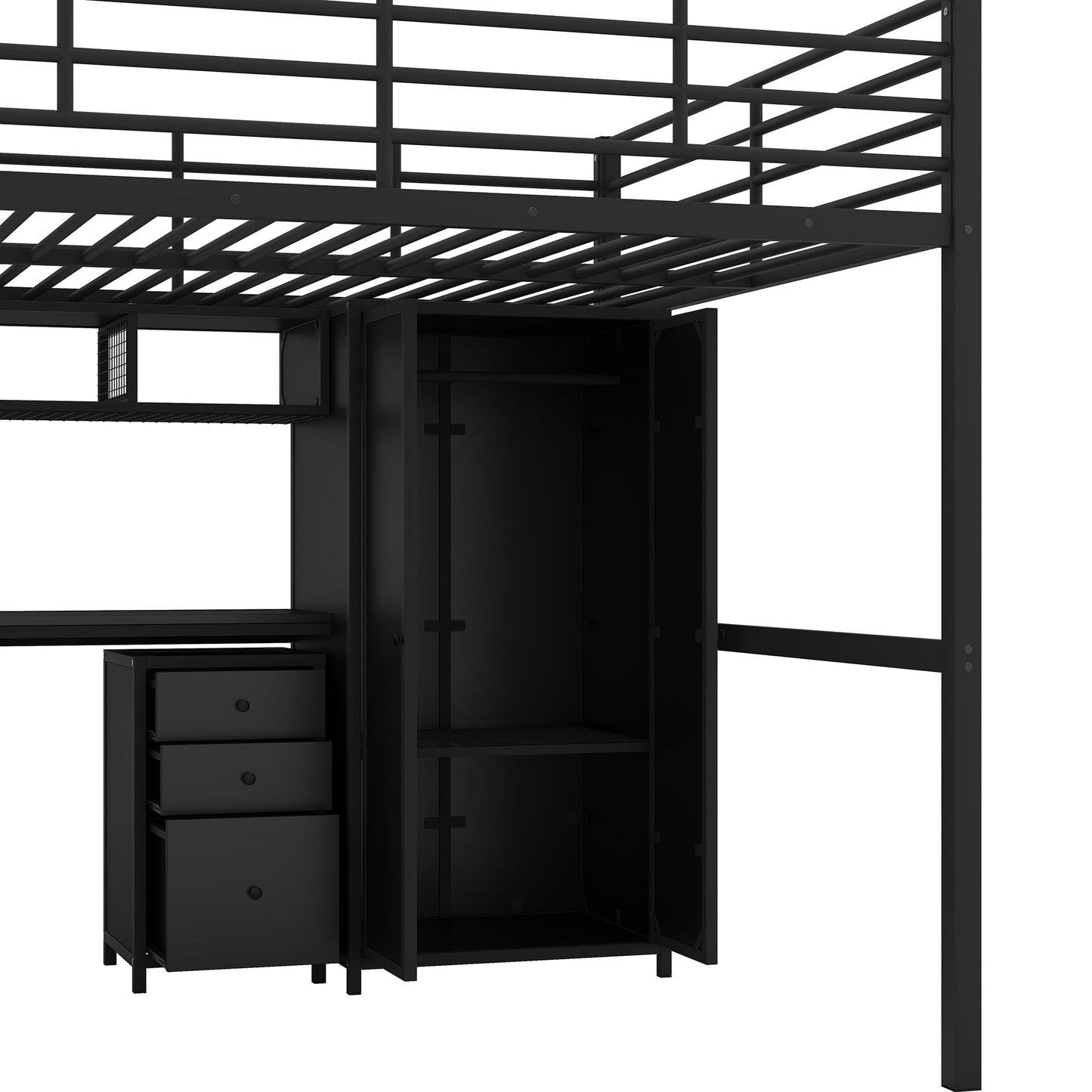 Ziraukon Full Loft Bed with Stairs, Metal Bed Frame Full Size with Desk and Wardrobe, Heavy-Duty High Loft Bedframe, Loft Bed Full Size Adults, Black