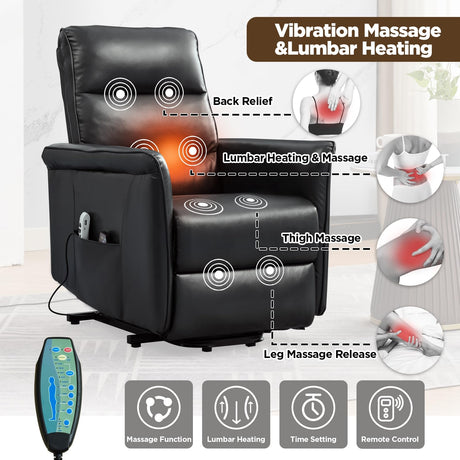MANBUR Power Lift Recliner for Elderly with Vibration Massage and Lumbar Heat, Electric PU Leather Lift Chair, Adjustable Reclining Chair with Side Pockets,LED Light,USB Port for Small Space(Black) MANBUR