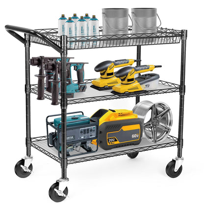 WDT Heavy Duty 3 Tier Utility Cart,Wire Rolling Cart with Wheels, Commercial Grade Service Cart with Shelving Liners and Handle Bar Metal Carts for Kitchen Office Hardware (750LBS Capacity Black)