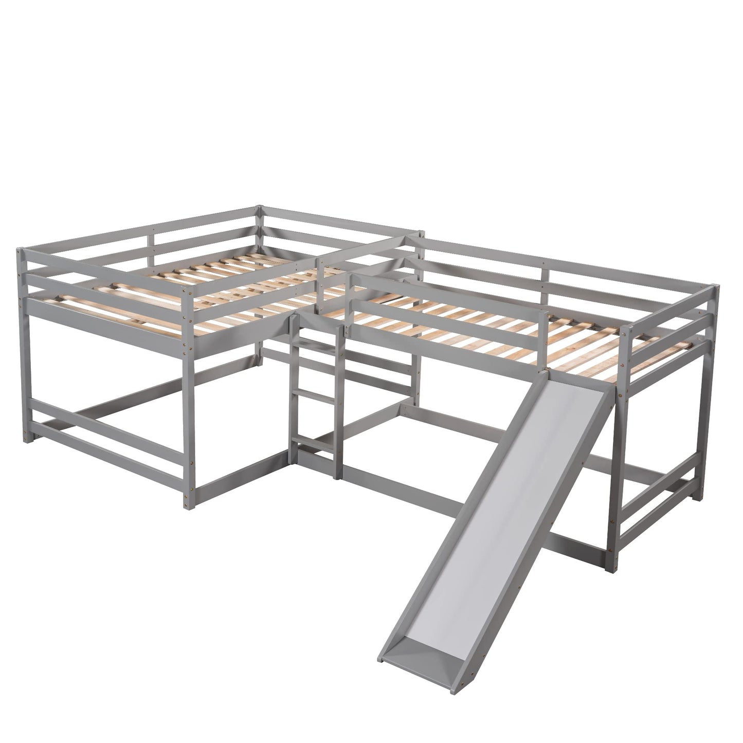 MhaRt Quad Bunk Beds with Slide, L Shape Bunk Bed Compatible with 4, Full Over Full Bunk Bed & Twin Over Twin Bunk Bed, Wood Corner Bunk Beds Compatible with 0 Teens (4 Beds, Gray),Modern Style