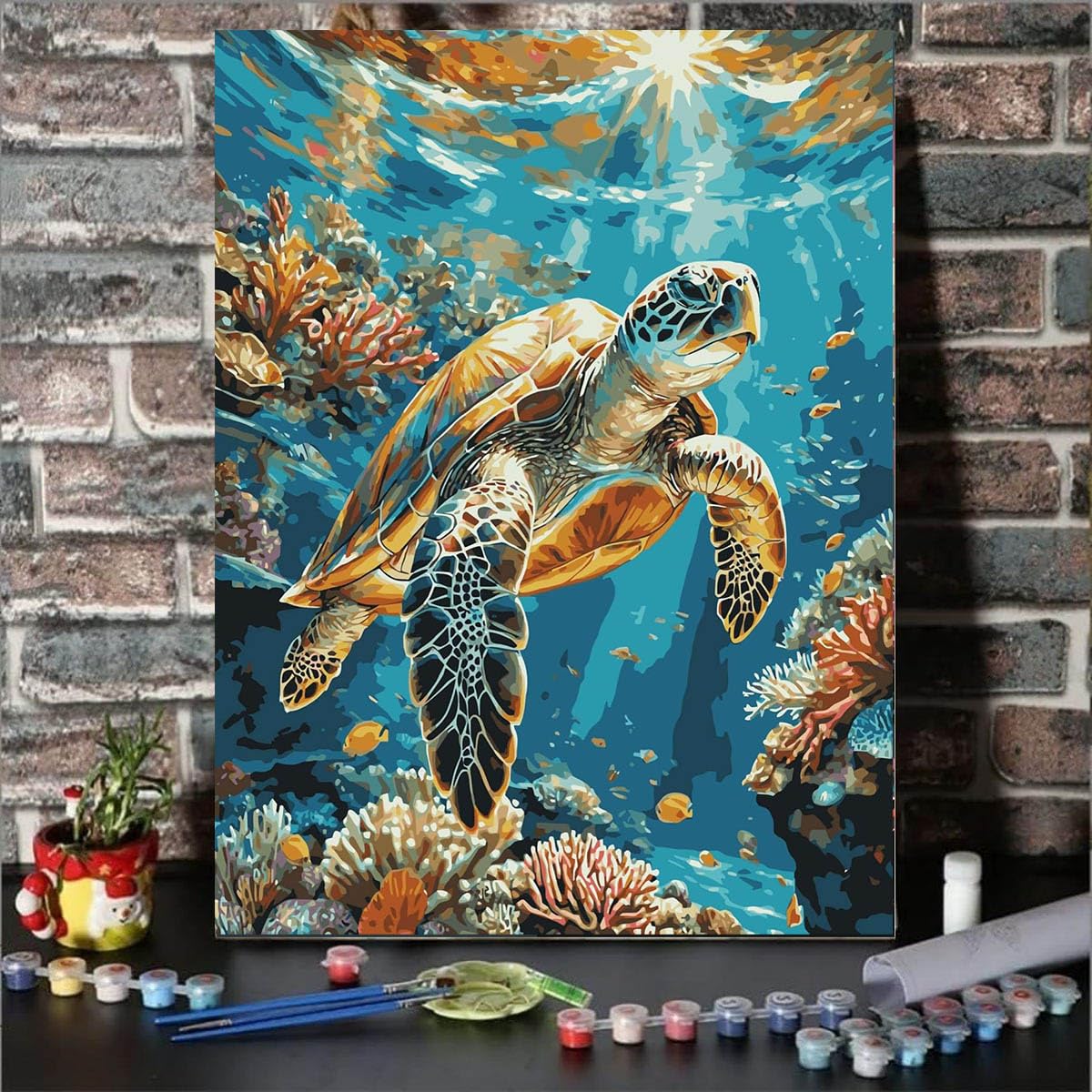 Lovepefe Sea Turtle Paint by Numbers Kit for Adults with Framed Oil Painting Kit Beginner Turtle DIY Painting Kits for Adults Paint by Number On Canvas for Gift Home Wall Decor 12x16 Inch Lovepefe
