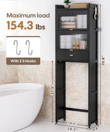 Cozivolife Over The Toilet Storage Cabinet with Drawer and Flip Door, Bamboo Bathroom Organizer Shelf with Anti-Tip Design and Waterproof Feet Pad,Freestanding Rack Above WC Space Saver (Black) Cozivolife
