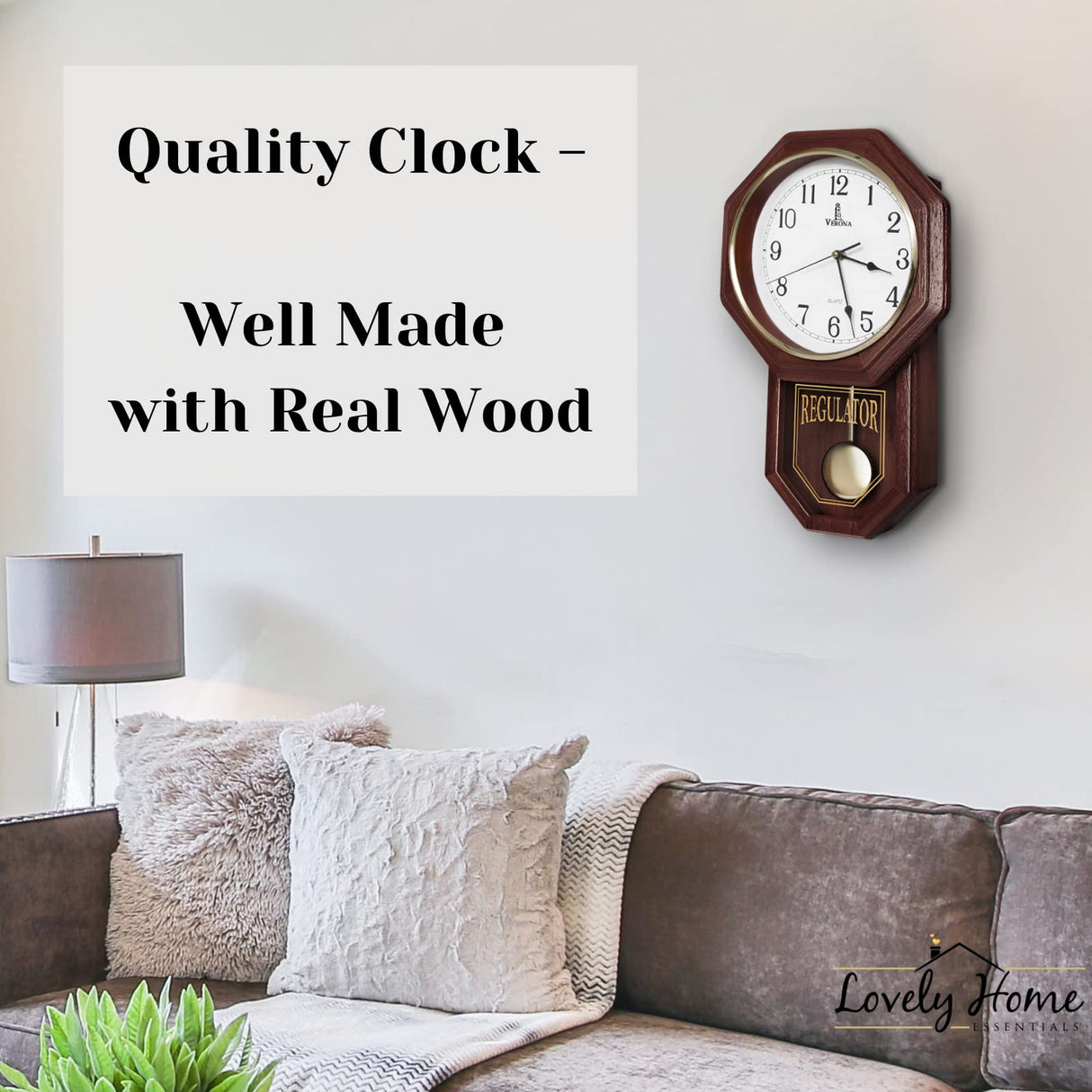 Pendulum Wall Clock - Real Wood Regulator Clock - Schoolhouse Design - Quiet, Non-Chiming, Wooden & Battery Operated - Decorative Wall Decor for Living Room, Home, Office 18x11 Lovely Home Essentials