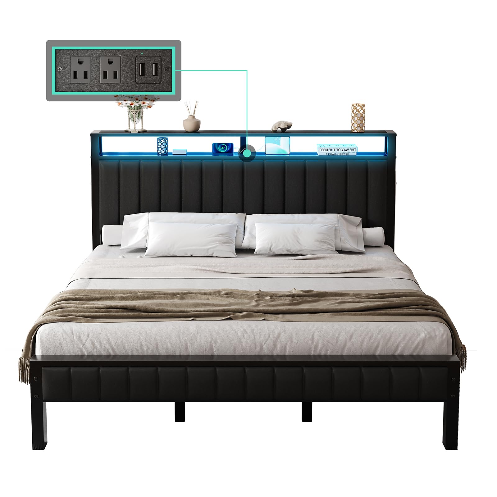 LUXOAK Rustic Brown King Size Metal Bed Frame with LED Light and PU Leather Headboard, Charging Station & 2-Tier Storage - WoodArtSupply