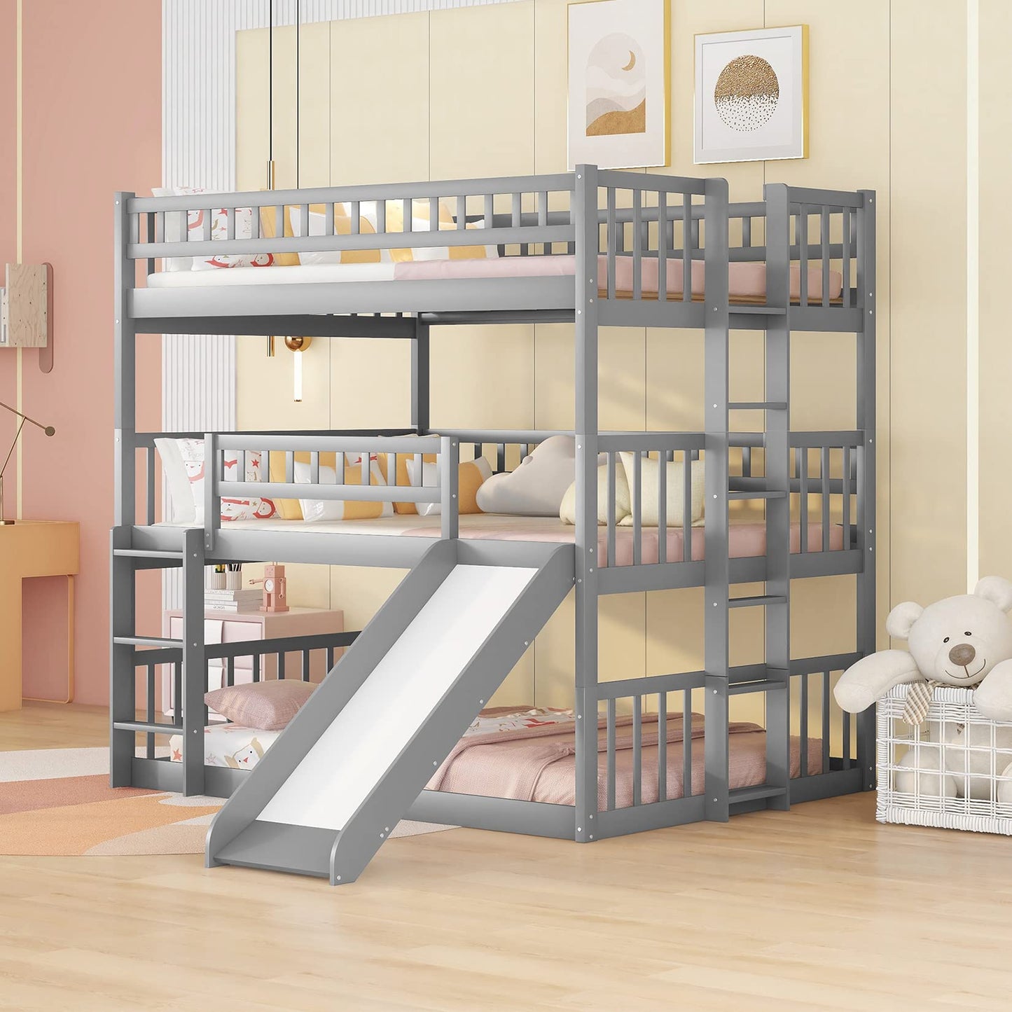 Triple Bunk Bed with Slide, Full Over Full Over Full Bunk Bed Convertible Triple Beds for Kids/Teens/Adults, Gray