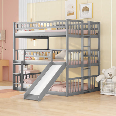 Triple Bunk Bed with Slide, Full Over Full Over Full Bunk Bed Convertible Triple Beds for Kids/Teens/Adults, Gray Bellemave