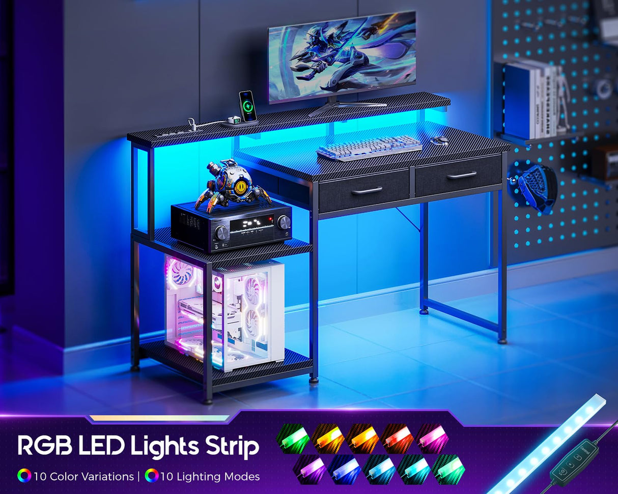 ODK Gaming Desk with Led Lights & Power Outlet, 48 Inch Computer Desk with Drawers, Office Desk with Large Display Storage Shelves, Reversible Desk with Monitor Stand for Home, Carbon Fiber Black ODK