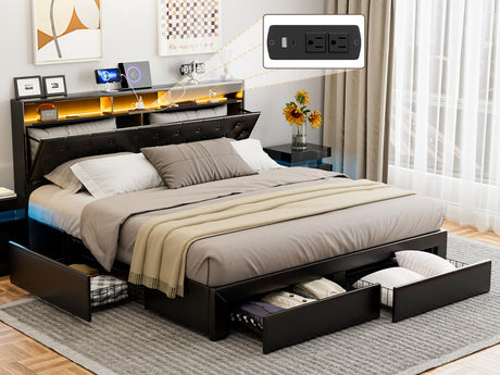IKIFLY King Size Upholstered Bed Frame with Charging Station, 4 Storage Drawers & LED Lights IKIFLY
