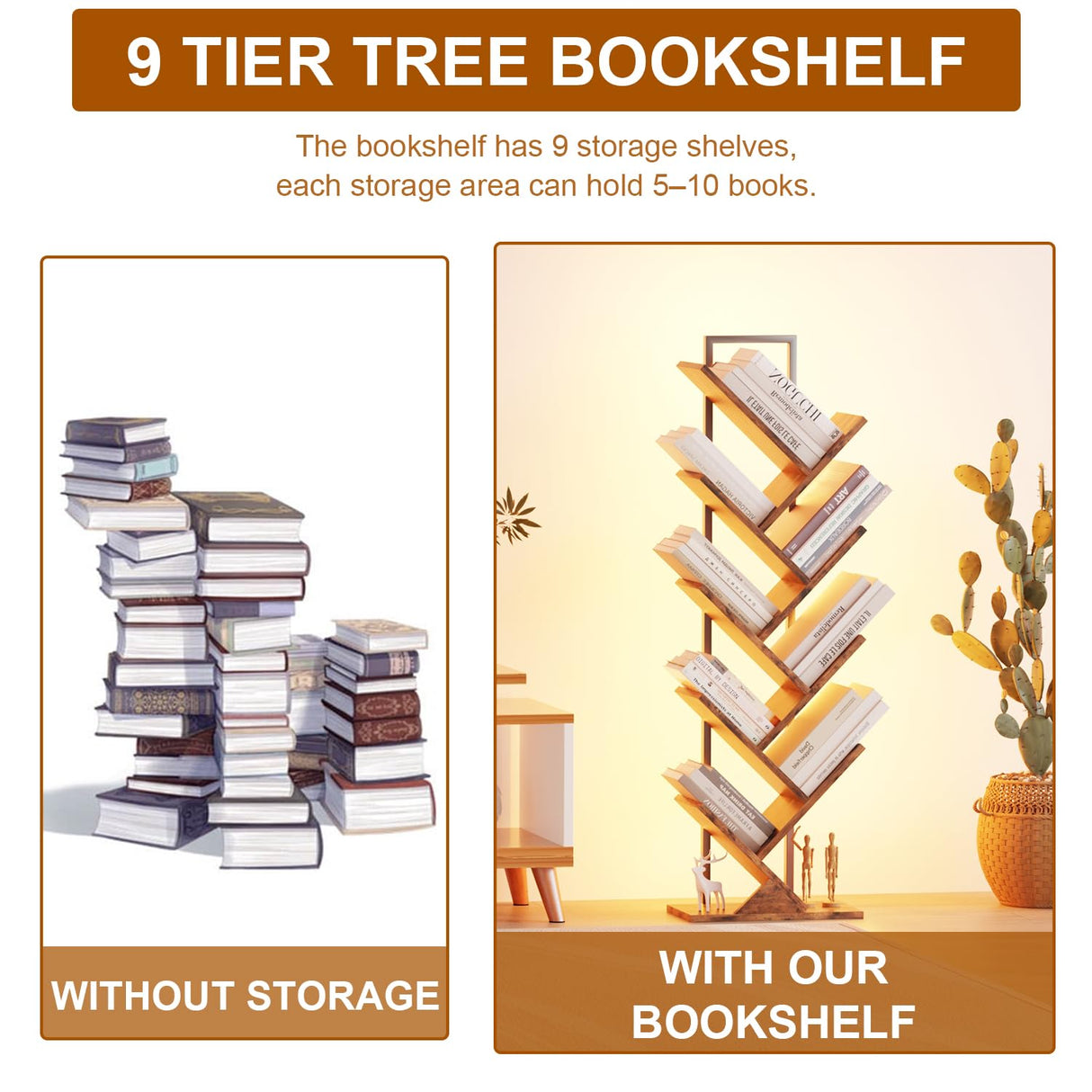 Qupui Tree Bookshelf with LED Lights, 9 Tier Floor Standing Bookcase, Classical Corner Bookshelf Kids Bookshelf, Tall Bookshelf, Wood Book Shelf for Bedroom, Living Room, Home Office, Brown Qupui