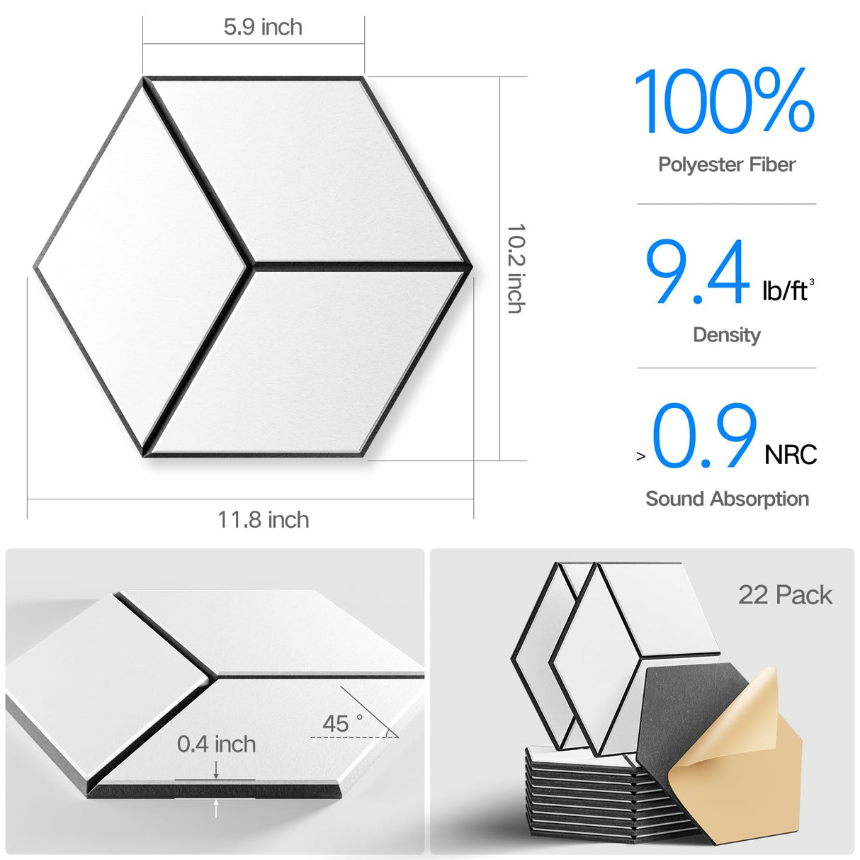 22-Pack Self-Adhesive Acoustic Panels, 12" x 10" x 0.4" – High-Density, Flame-Resistant Soundproof Foam. Absorbs Noise and Eliminates Echoes. Enhance Your Space with Hexagonal 3D Design, White Face. Dailycooper