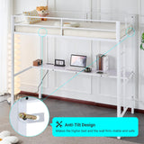Karl home Twin Metal Loft Bed with Desk, with Power Outlet and LED Lighted, Safety Guardrail & Ladder, Space Saving, No Noise, No Box Spring Needed, White Karl home