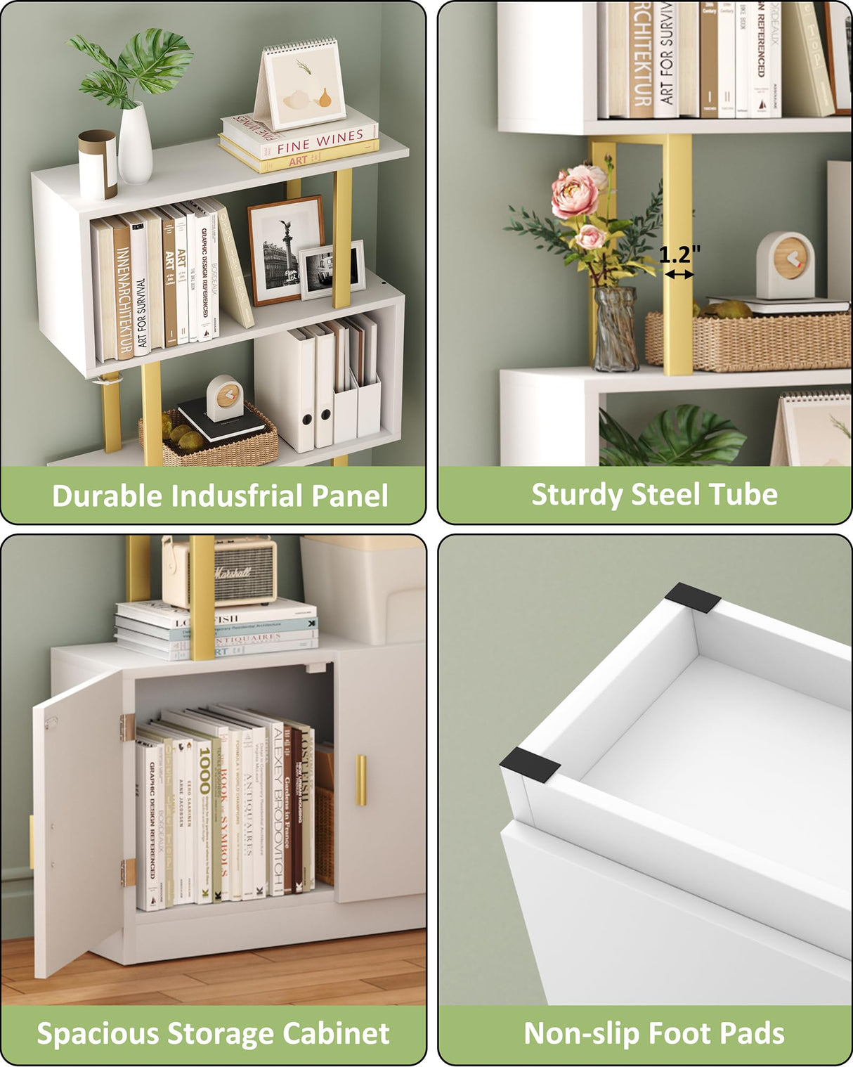 Yusong Geometric Bookcase with Cabinet, S Shaped Bookshelf 5-Tier Book Shelves for Bedroom, Modern Wood Decorative Display Shelf Tall Book Case for Home Office, Gold and White Yusong