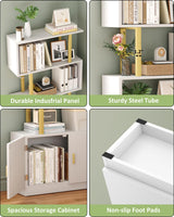 Yusong Geometric Bookcase with Cabinet, S Shaped Bookshelf 5-Tier Book Shelves for Bedroom, Modern Wood Decorative Display Shelf Tall Book Case for Home Office, Gold and White Yusong