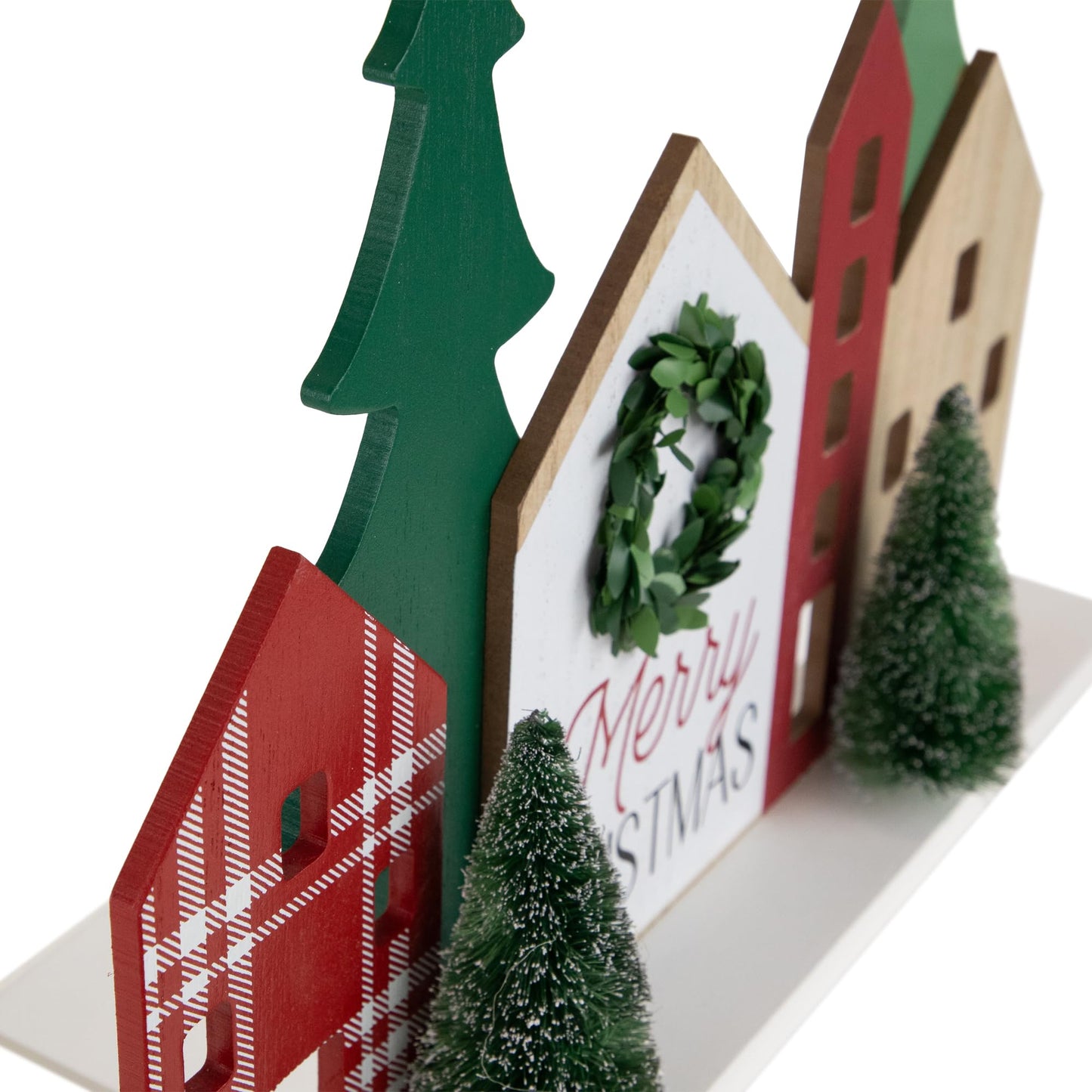 Northlight Wooden Merry Christmas Houses with Trees Decoration - 15" - Red and Green