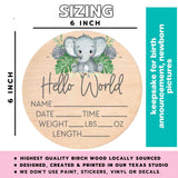 Birth Stat Sign for Newborn - Baby Name Announcement - Hello World Elephant Hospital Photography Prop - Jungle Safari Yippee Daisy