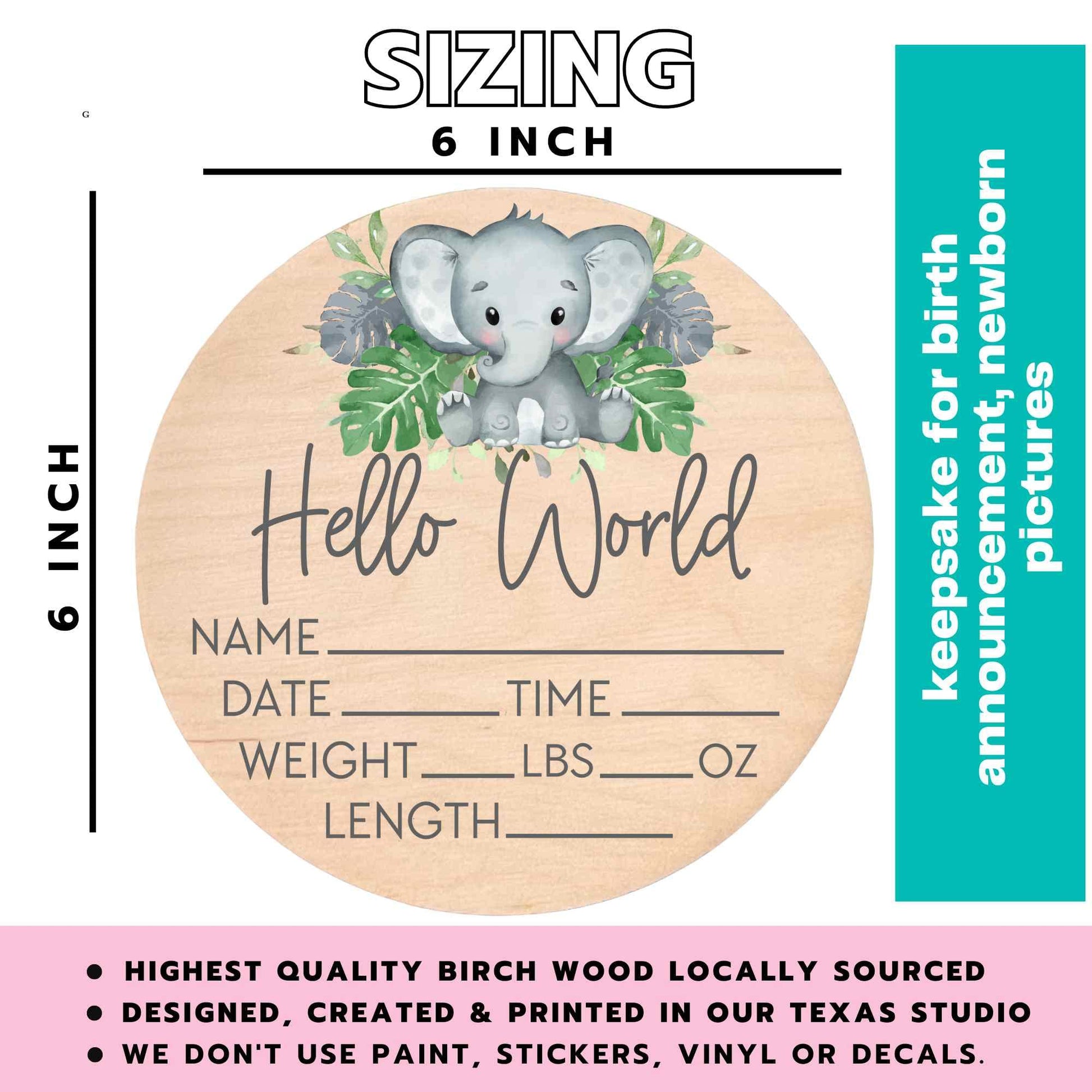 Birth Stat Sign for Newborn - Baby Name Announcement - Hello World Elephant Hospital Photography Prop - Jungle Safari - WoodArtSupply